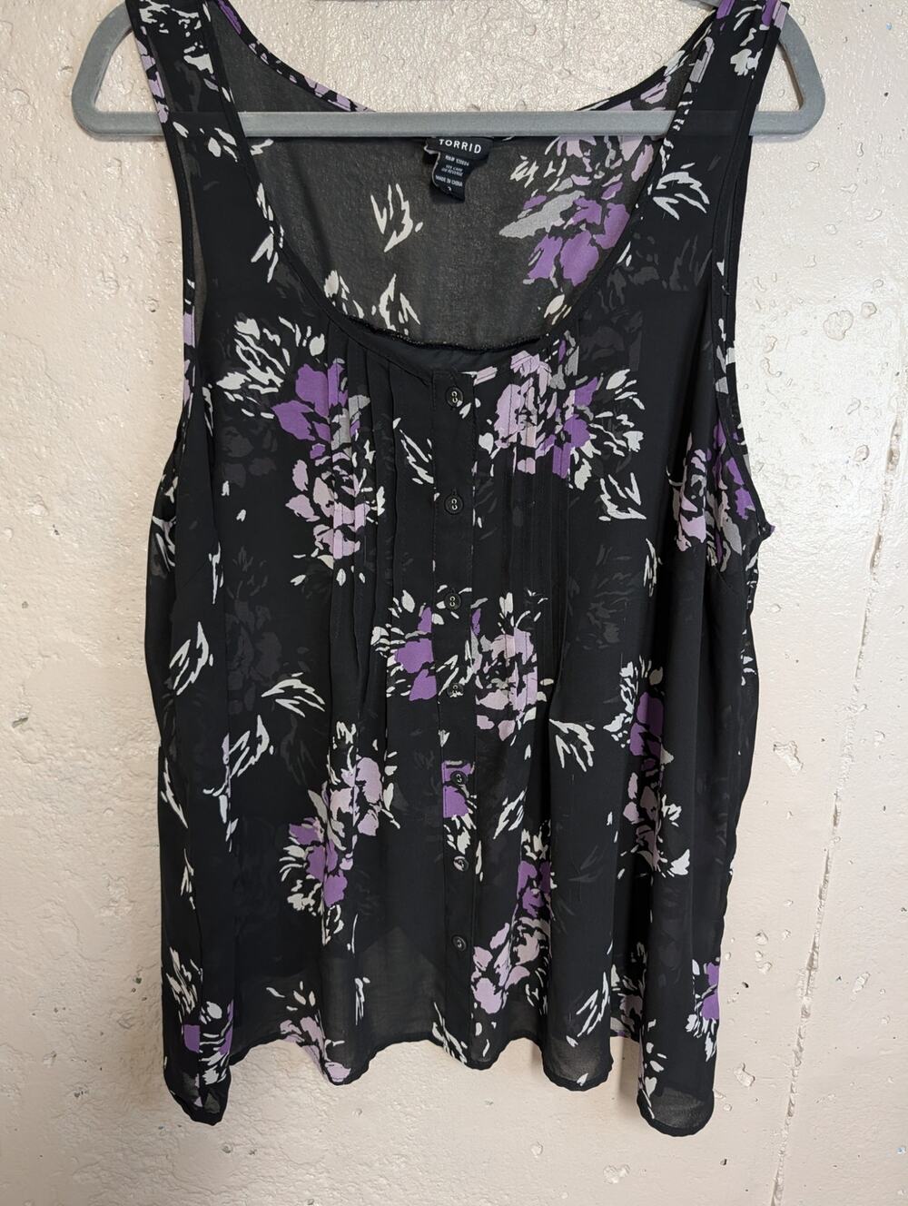 Torrid Black Purple Floral Sheer Split Back Blouse Plus